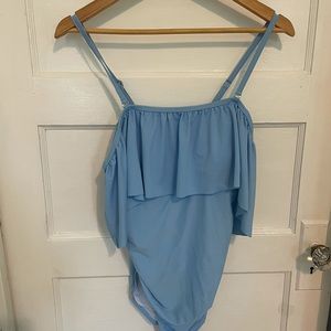 maternity ruffled off the shoulder bathing suit